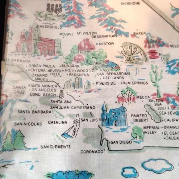 Vintage Moda Home Linens California Map Napkin Retro 100% cotton 20" New w/ Tag - Picture 7 of 8